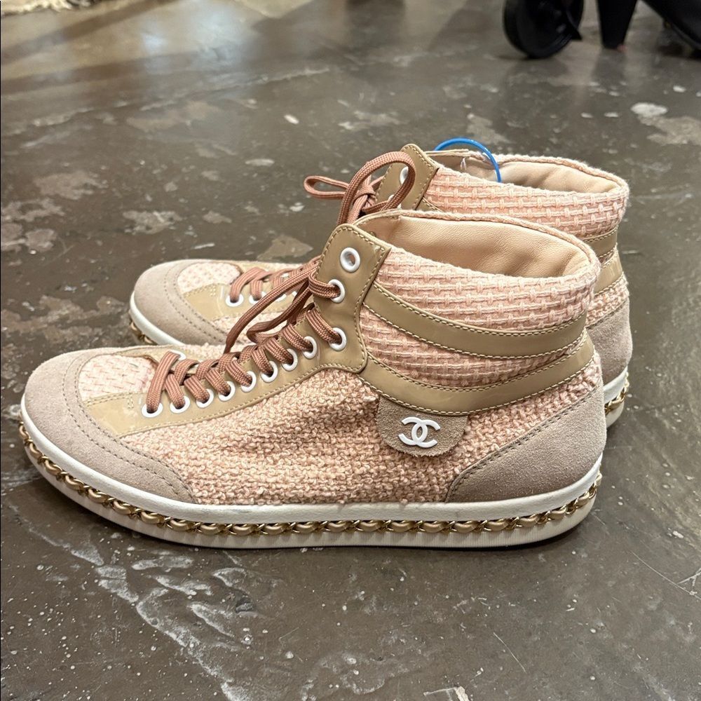 CHANEL Tweed High Top Sneakers Pink